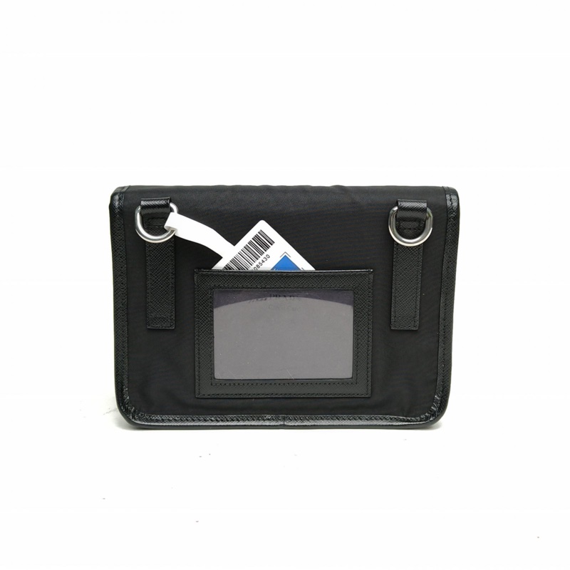 PRADA 黑色牛皮尼龍saffiano三角標斜挎包手機包-2
