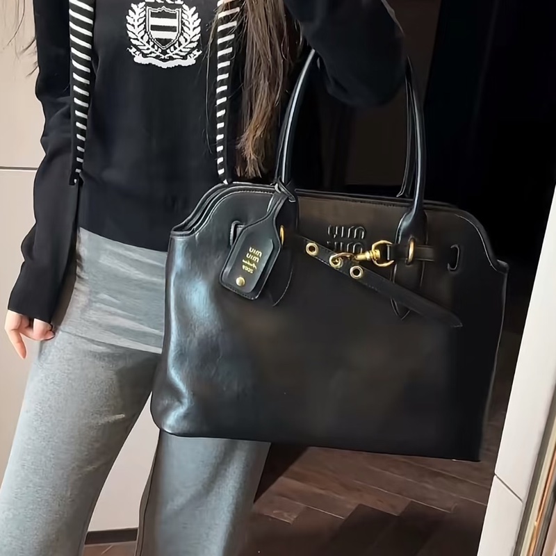 MIUMIU繆繆👩🏻🎤AVENTURE黑色金扣羊皮#大號托特包#-19