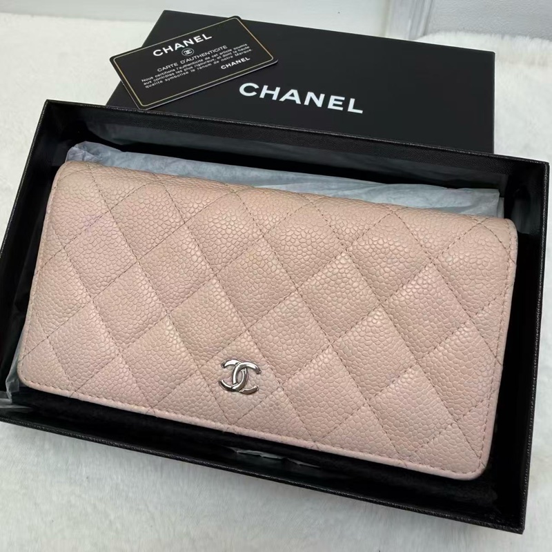 🎀Chanel 淡粉色 牛皮 銀扣 長銀包🎀-0
