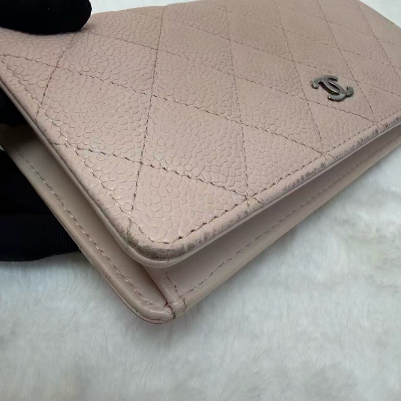 🎀Chanel 淡粉色 牛皮 銀扣 長銀包🎀-4