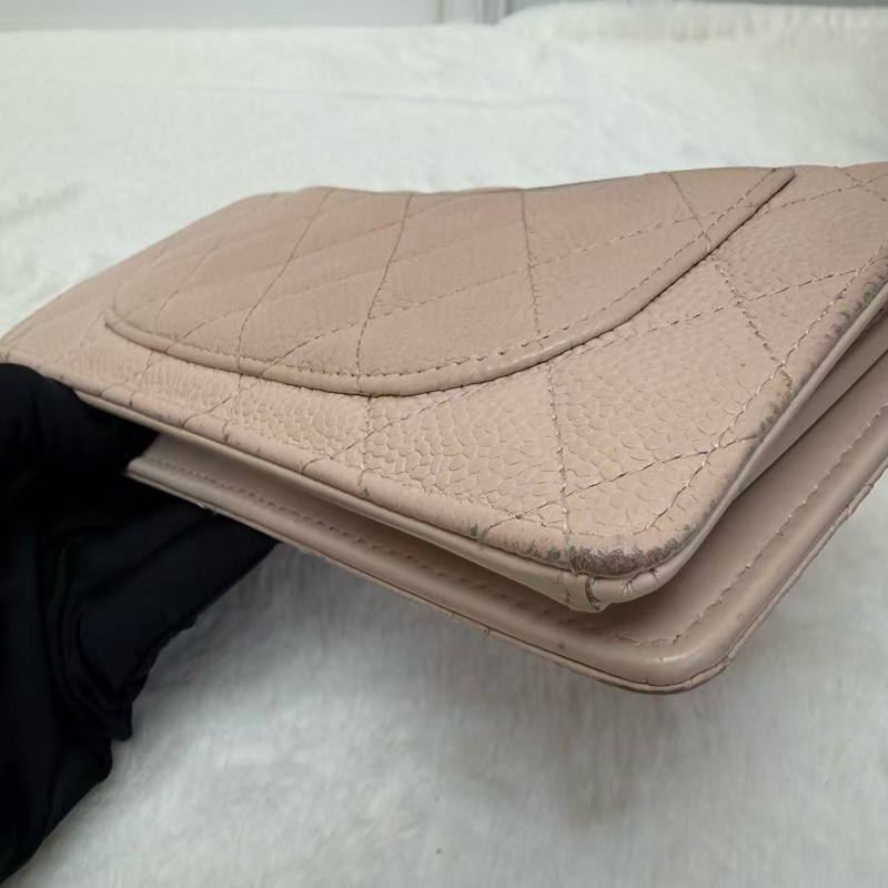 🎀Chanel 淡粉色 牛皮 銀扣 長銀包🎀-14