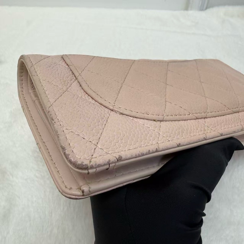 🎀Chanel 淡粉色 牛皮 銀扣 長銀包🎀-15