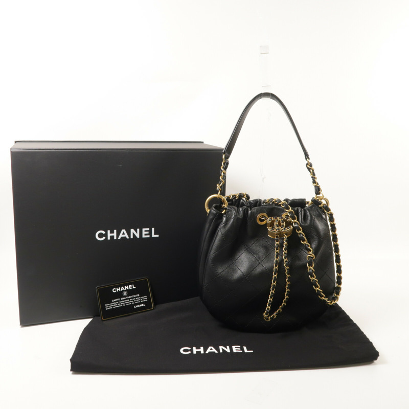 CHANEL 牛皮皮革Bucket Bag鏈帶手挽肩背兩用袋-10