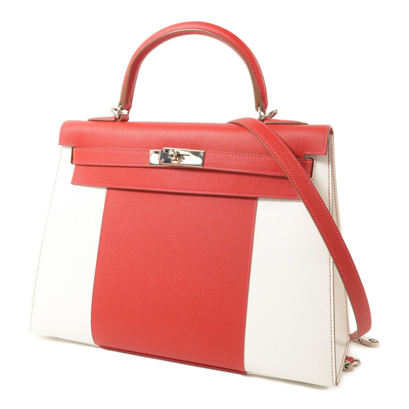 HERMES Epsom皮革Kelly 32銀扣手挽肩背兩用袋Rouge Casaque/Blanc-1