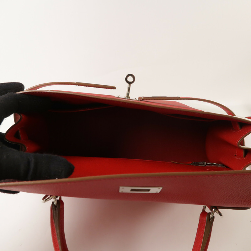 HERMES Epsom皮革Kelly 32銀扣手挽肩背兩用袋Rouge Casaque/Blanc-4