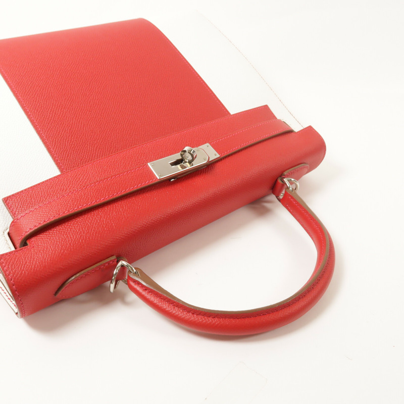 HERMES Epsom皮革Kelly 32銀扣手挽肩背兩用袋Rouge Casaque/Blanc-9