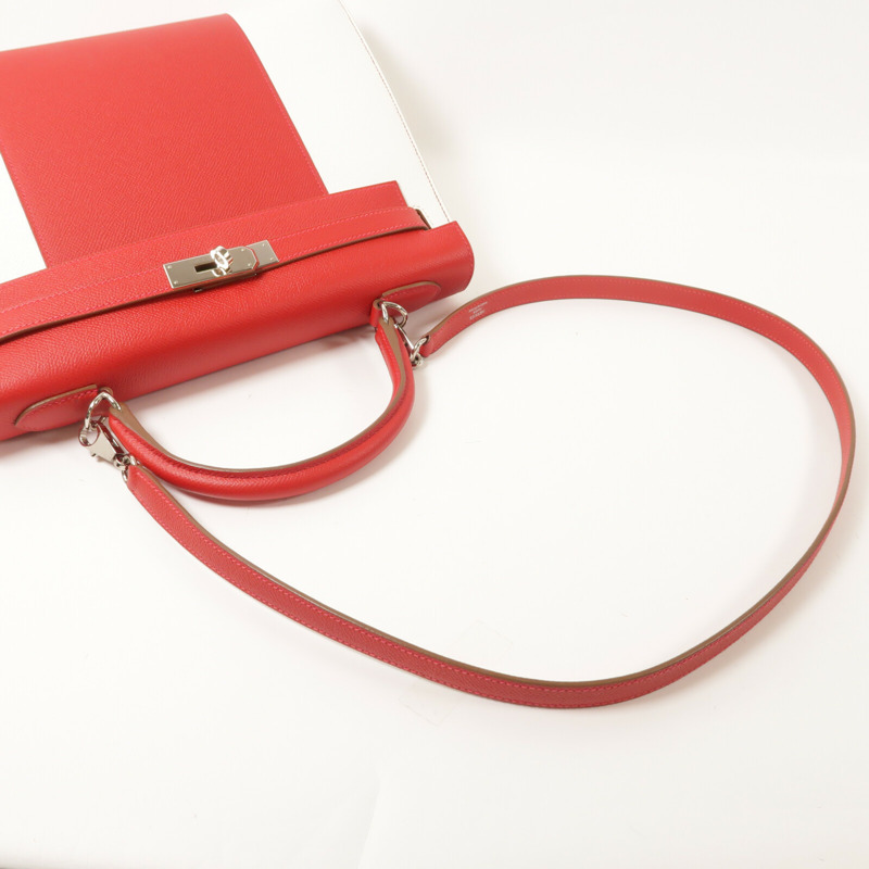 HERMES Epsom皮革Kelly 32銀扣手挽肩背兩用袋Rouge Casaque/Blanc-10
