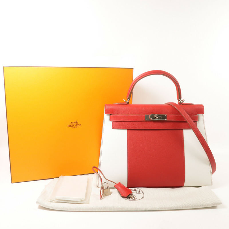 HERMES Epsom皮革Kelly 32銀扣手挽肩背兩用袋Rouge Casaque/Blanc-11