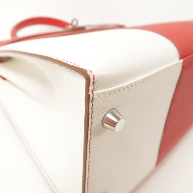 HERMES Epsom皮革Kelly 32銀扣手挽肩背兩用袋Rouge Casaque/Blanc-12
