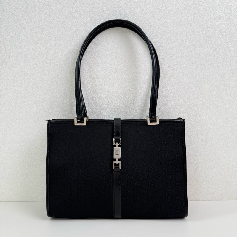 Gucci/古馳 黑色提花單肩包 銀扣-0