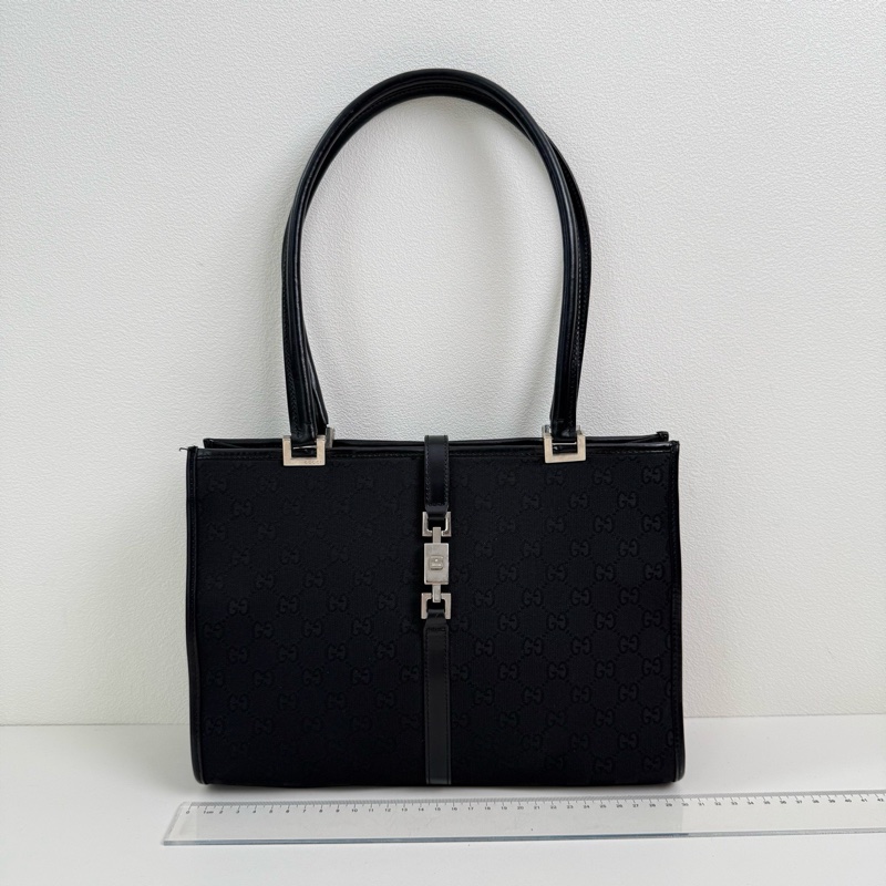 Gucci/古馳 黑色提花單肩包 銀扣-1