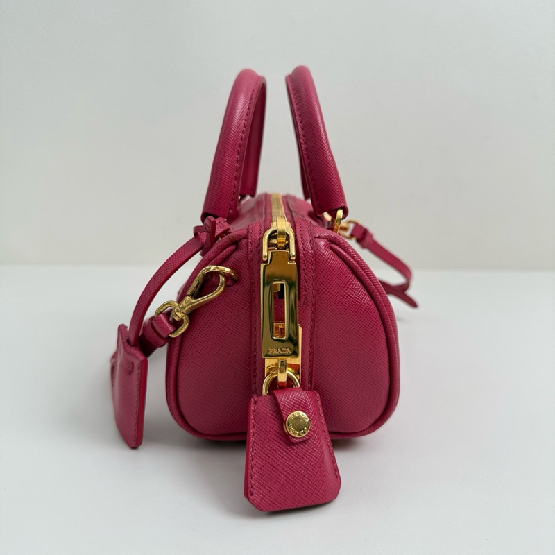 普拉達/Prada 迷你 紅色 手提斜挎包 金扣-3