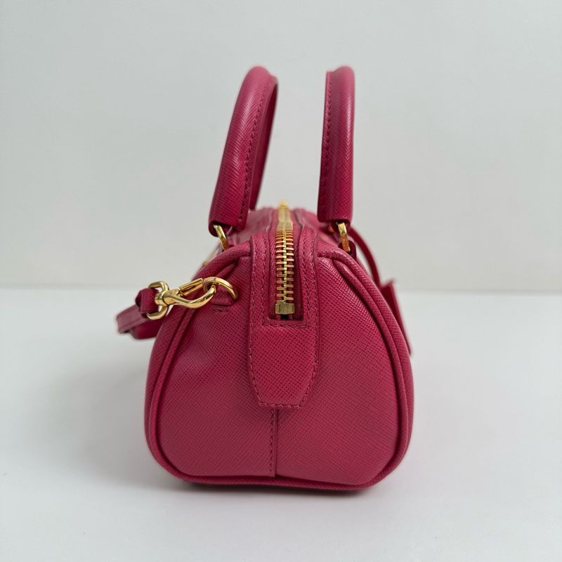 普拉達/Prada 迷你 紅色 手提斜挎包 金扣-4