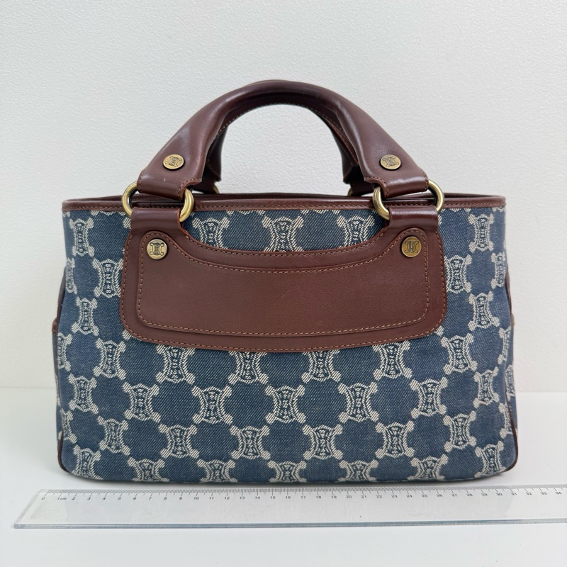 Celine/賽琳 藍色帆布手提包 金扣-1