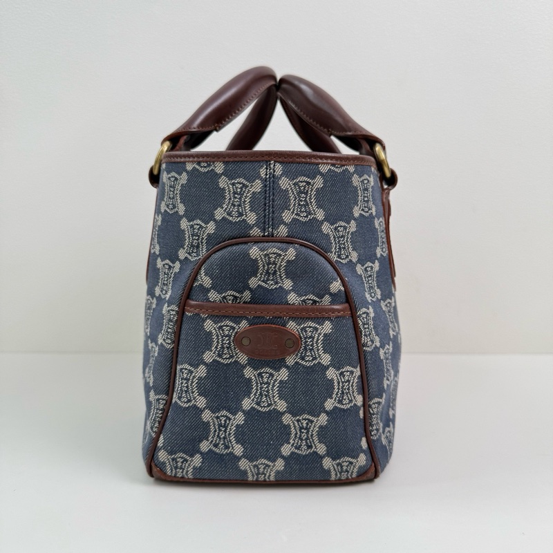 Celine/賽琳 藍色帆布手提包 金扣-2