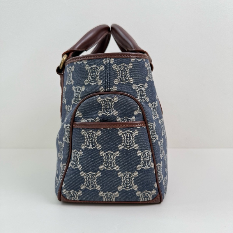 Celine/賽琳 藍色帆布手提包 金扣-3