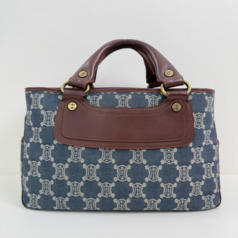 Celine/賽琳 藍色帆布手提包 金扣-4