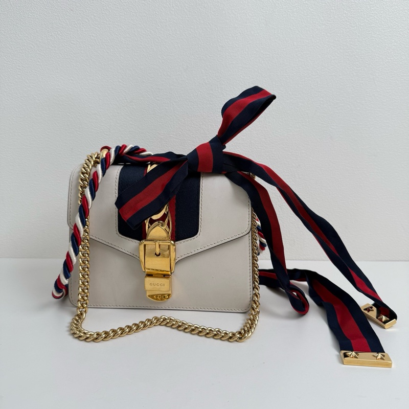 古馳/Gucci 白色手提斜挎包 金扣-0