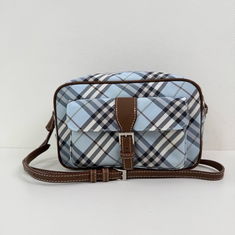 Burberry/博柏利 淺藍色格紋相機包 斜挎包 銀扣