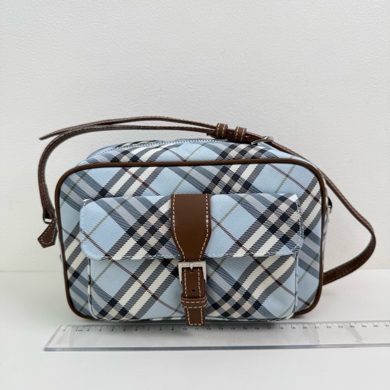 Burberry/博柏利 淺藍色格紋相機包 斜挎包 銀扣-1