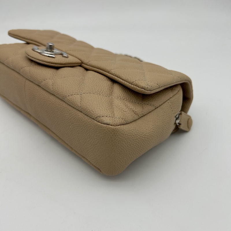 CHANEL香奈兒魚子醬牛皮奶茶色銀扣拉鍊款cf鏈條包-2