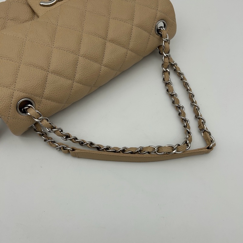 CHANEL香奈兒魚子醬牛皮奶茶色銀扣拉鍊款cf鏈條包-12