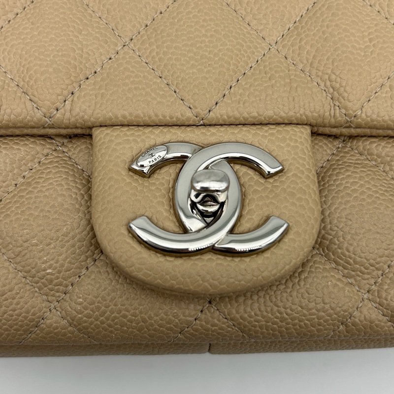 CHANEL香奈兒魚子醬牛皮奶茶色銀扣拉鍊款cf鏈條包-13