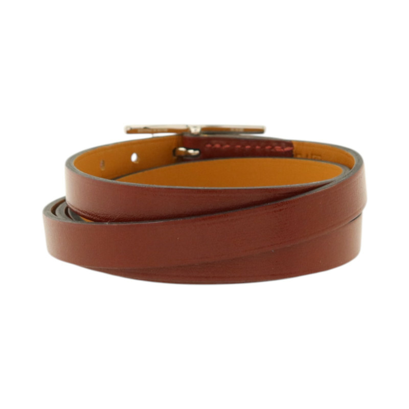HERMES Box皮革Hapi 3 Bracelet銀扣手鏈Rouge H-2