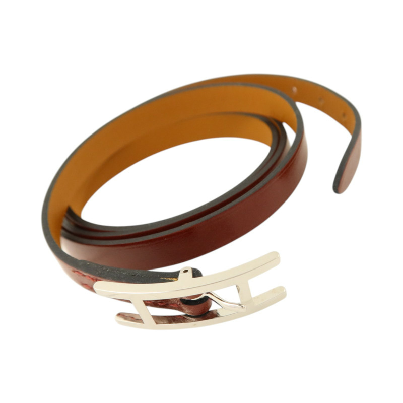 HERMES Box皮革Hapi 3 Bracelet銀扣手鏈Rouge H-4