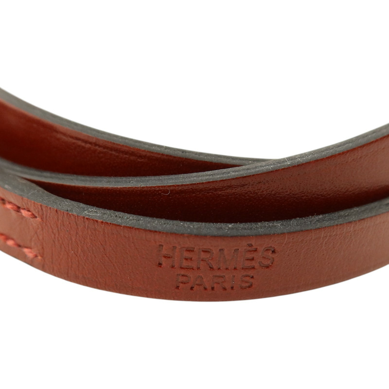 HERMES Box皮革Hapi 3 Bracelet銀扣手鏈Rouge H-6