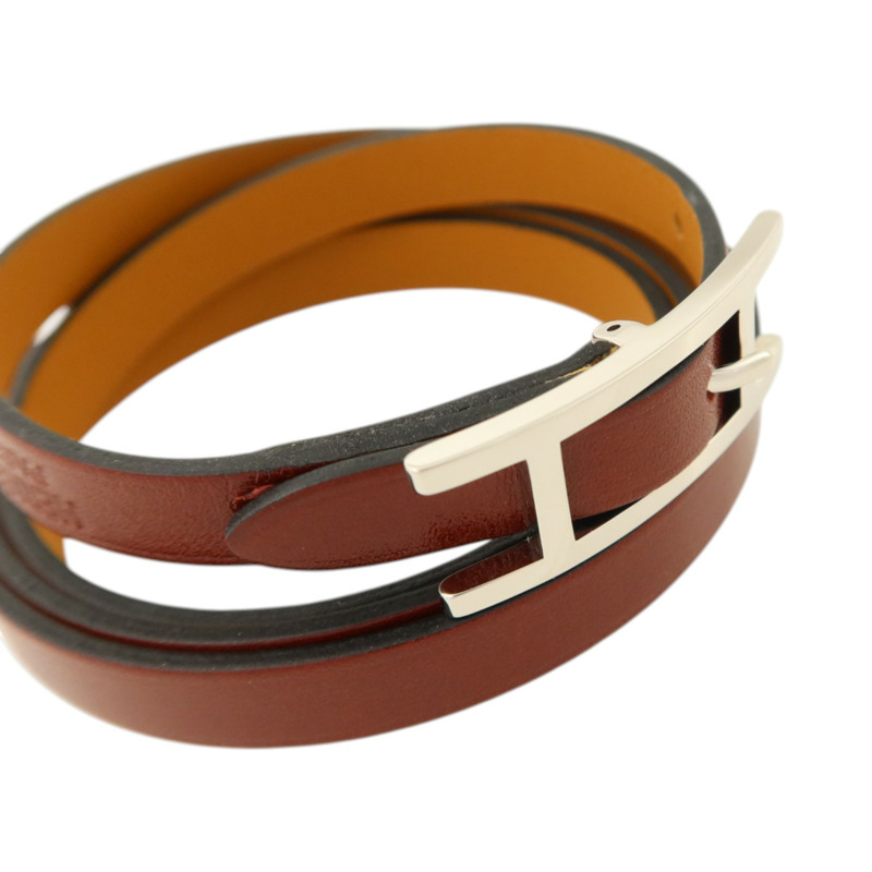 HERMES Box皮革Hapi 3 Bracelet銀扣手鏈Rouge H-8