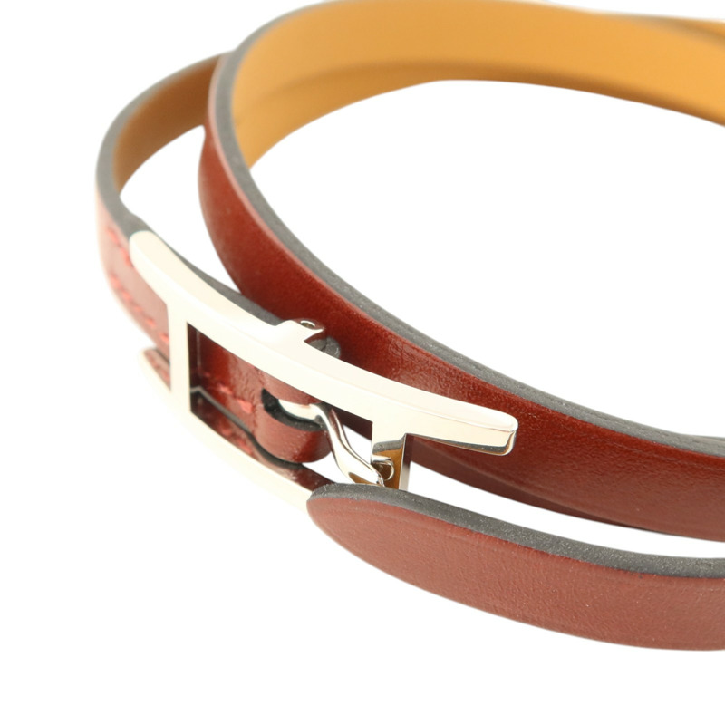 HERMES Box皮革Hapi 3 Bracelet銀扣手鏈Rouge H-10