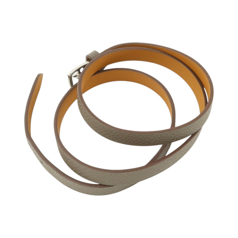 HERMES Epsom皮革/Swift皮革Double Tour Bracelet銀扣手鏈Etain/Gold-4
