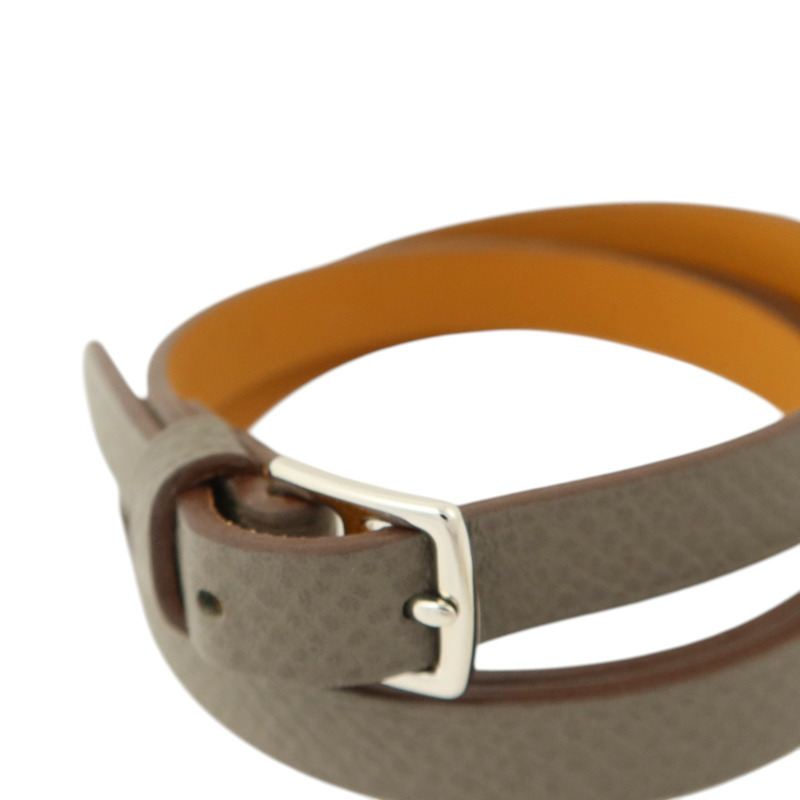 HERMES Epsom皮革/Swift皮革Double Tour Bracelet銀扣手鏈Etain/Gold-5