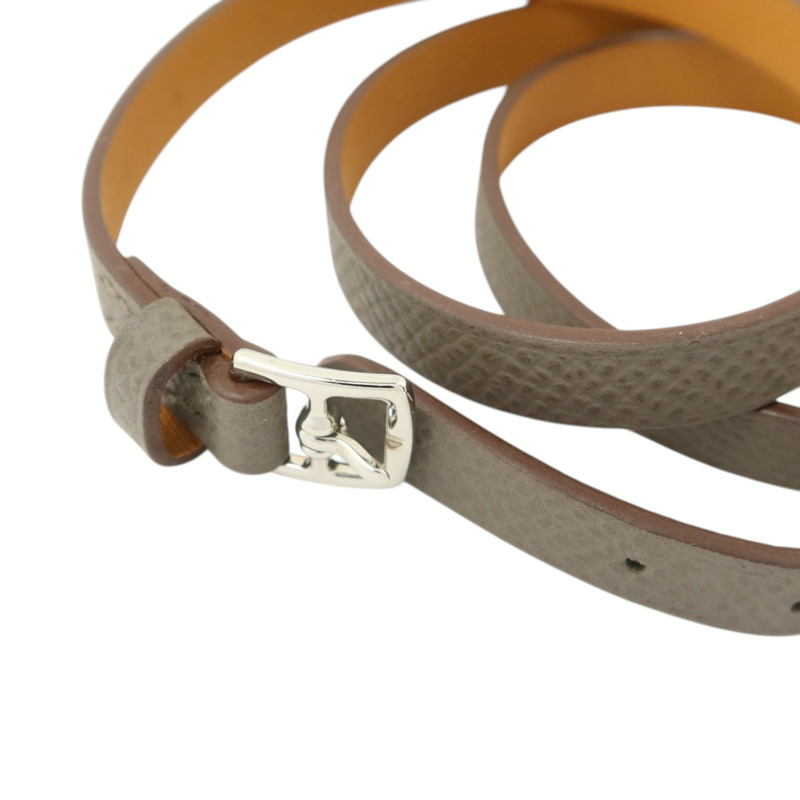HERMES Epsom皮革/Swift皮革Double Tour Bracelet銀扣手鏈Etain/Gold-11