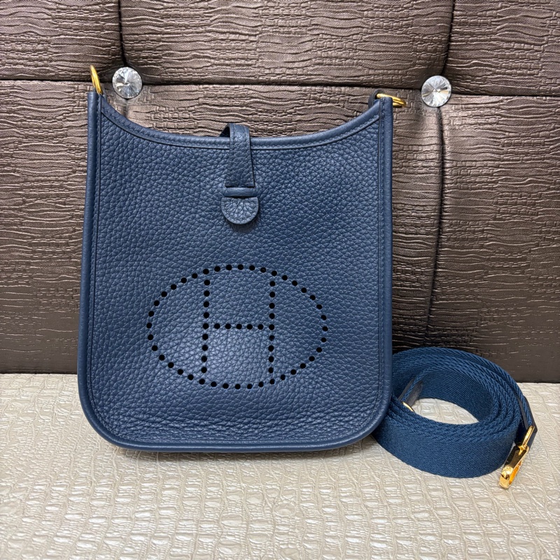Hermes 普魯士藍金釦TC皮金釦Evelyne 16-0