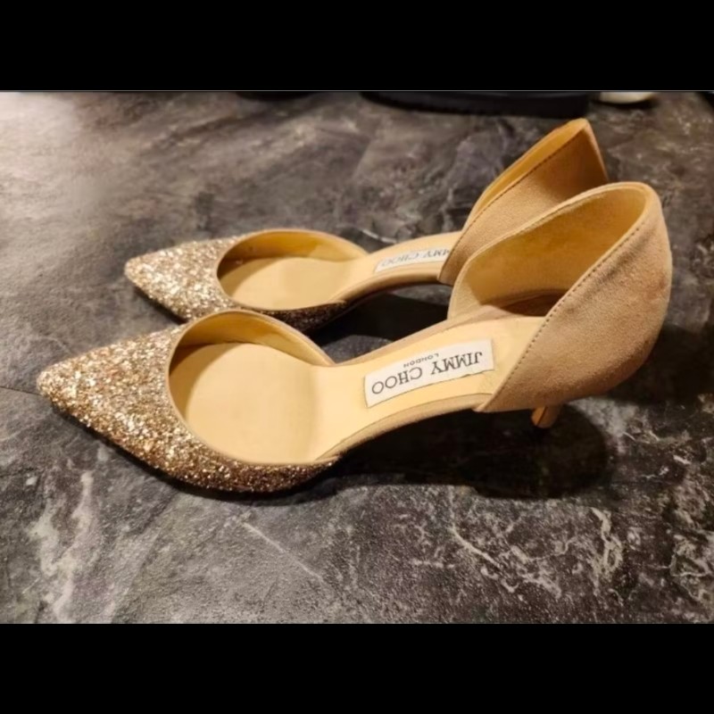 JIMMY CHOO 亞洲限定款 亮片麂皮拼接尖頭高跟鞋（香檳金/膚色）-5