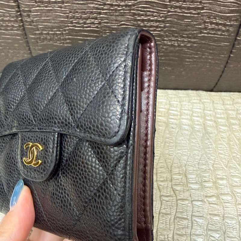 Chanel 黑荔枝牛皮金釦三折短夾AP0231-2