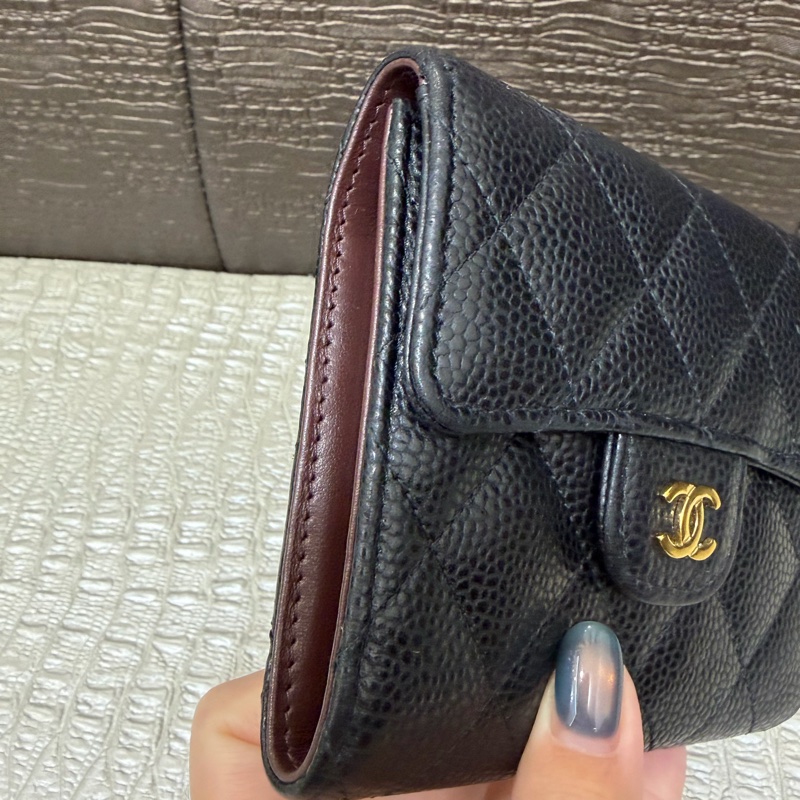 Chanel 黑荔枝牛皮金釦三折短夾AP0231-3