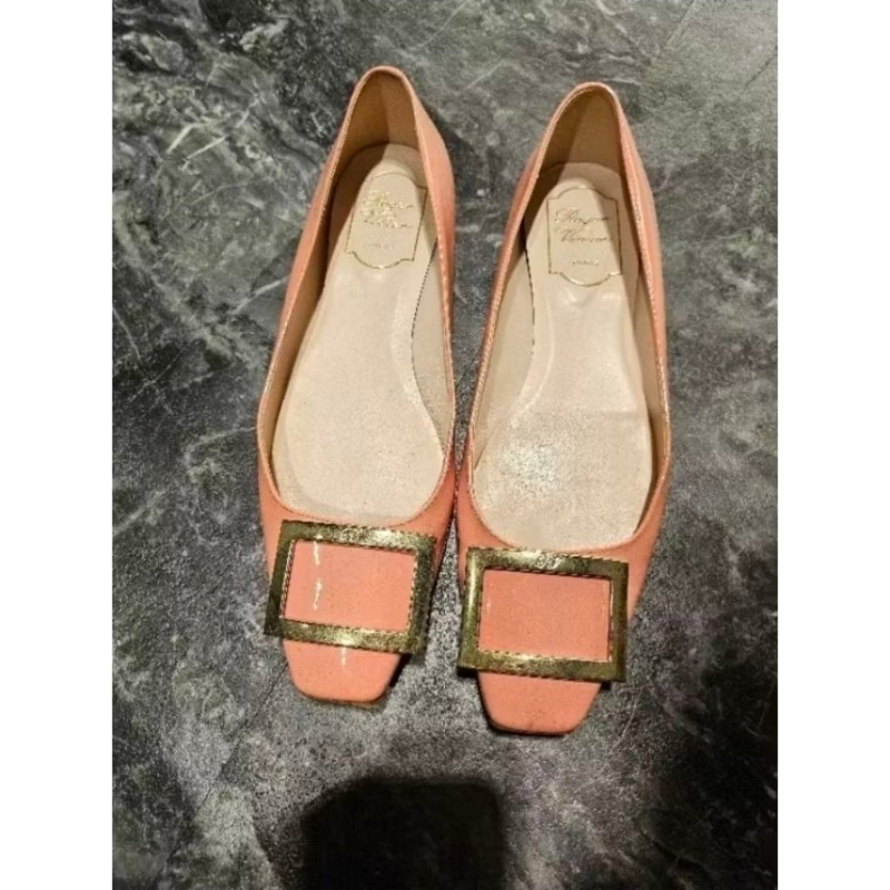 Roger Vivier RV 正品 經典 Gommette 漆皮方頭平底鞋 粉色 38碼-0