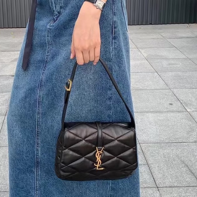 🍓SAINT LAURENT 聖羅蘭Le5A7黑銀油蠟皮V紋雲朵雙肩包後背包-5