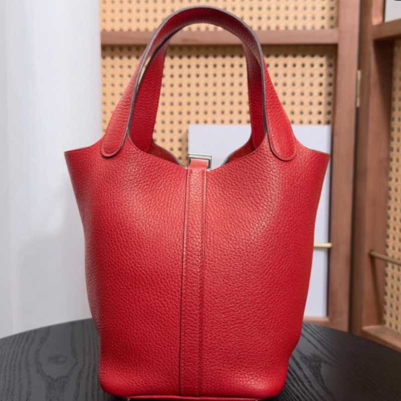 🐴Hermès愛馬仕蕃茄紅銀扣菜籃子18手提包Picotin-11