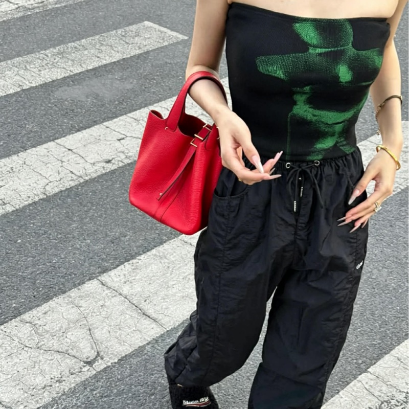 🐴Hermès愛馬仕蕃茄紅銀扣菜籃子18手提包Picotin-20