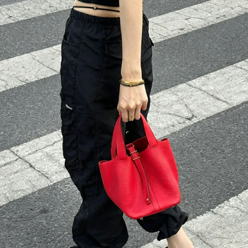 🐴Hermès愛馬仕蕃茄紅銀扣菜籃子18手提包Picotin-22