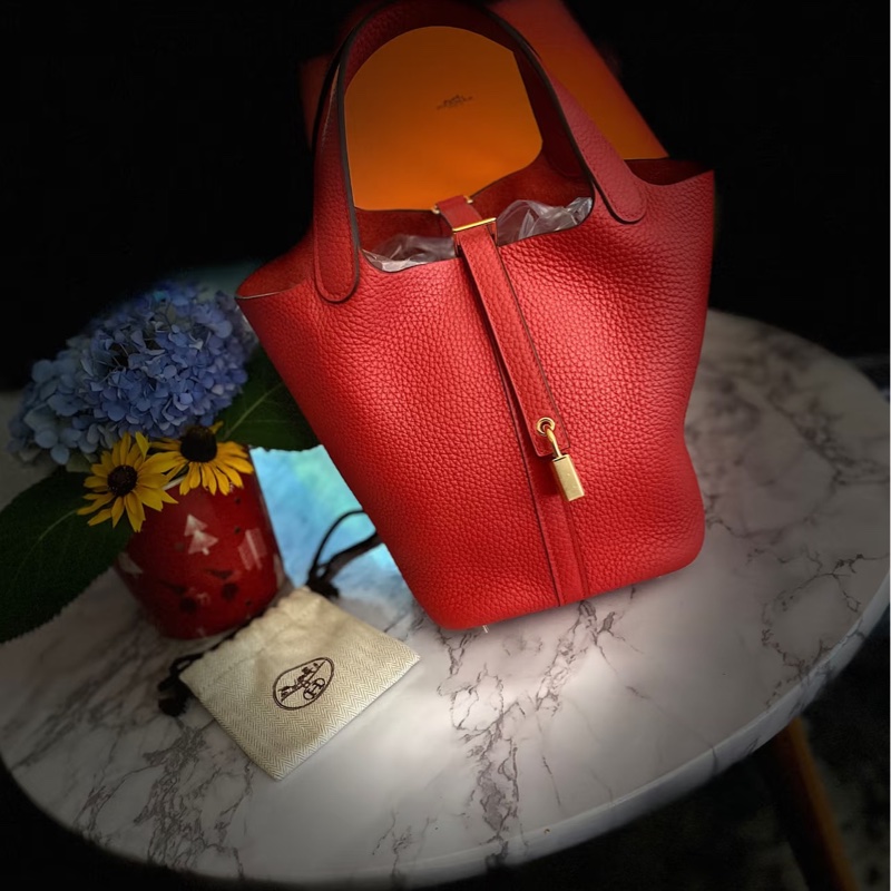 🐴Hermès愛馬仕蕃茄紅銀扣菜籃子18手提包Picotin-5