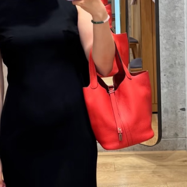 🐴Hermès愛馬仕蕃茄紅銀扣菜籃子18手提包Picotin-9