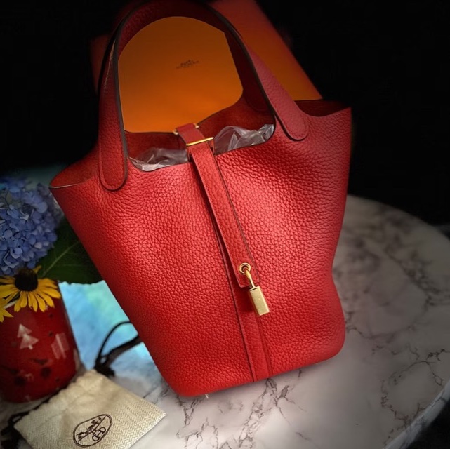 🐴Hermès愛馬仕蕃茄紅銀扣菜籃子18手提包Picotin-23
