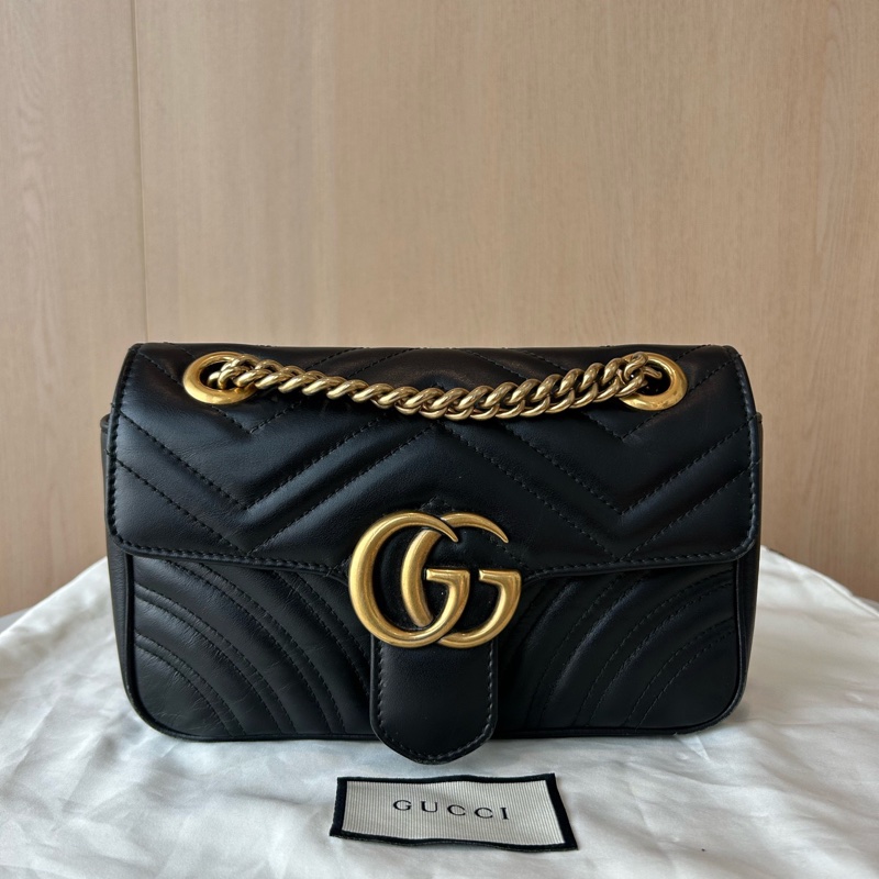 Gucci古馳 GG Marmont馬蒙22黑金鍊條包 028黑標-0