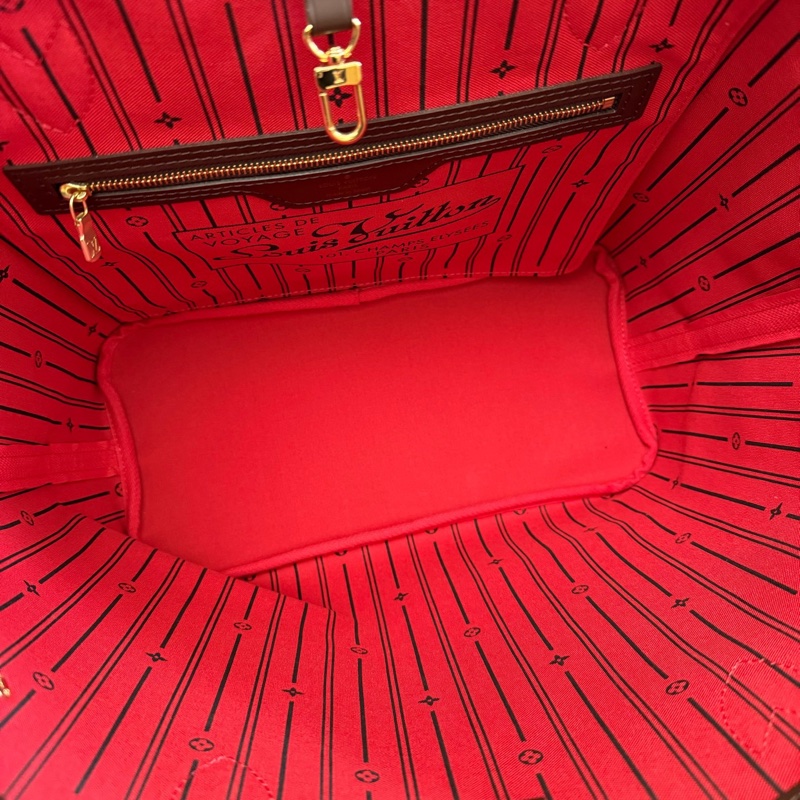 Louis Vuitton路易威登棕色棋盤格Neverfull中號nf單肩包托特包tote紅色內里 尺寸:31 x 28 x 14-5