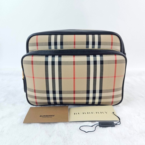 Burberry博柏利 復古風格紋 滌綸拼皮革 相機包單肩斜挎包 中號 男女同款 米色